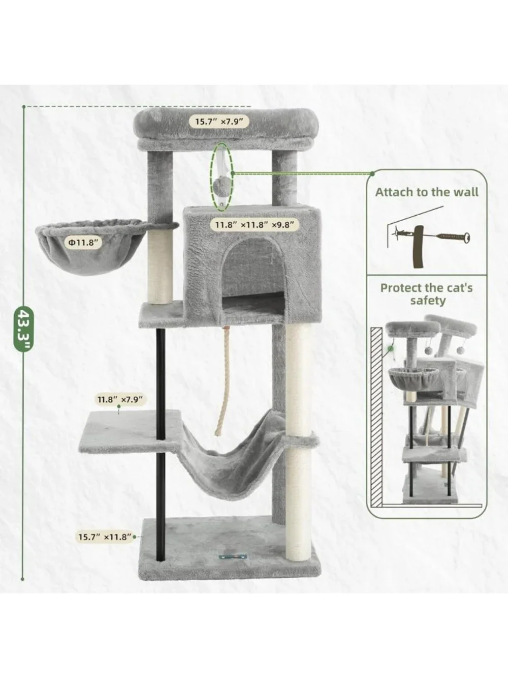 Cozy 43.3'' Cat Tree Tower with Hammock, Scratching Post & Large Platform, Light